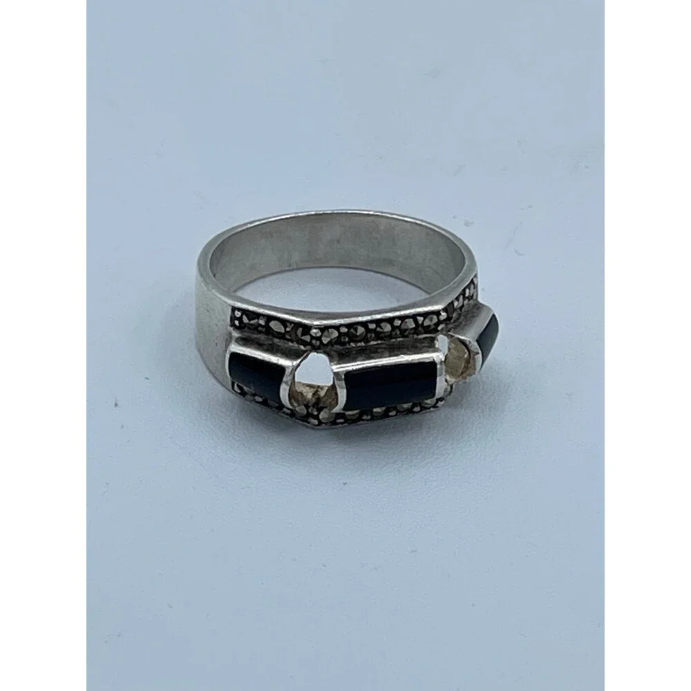 Vintage Sterling Silver 925 Band w/ 3 Cylindrical Onyx Stones Size 9